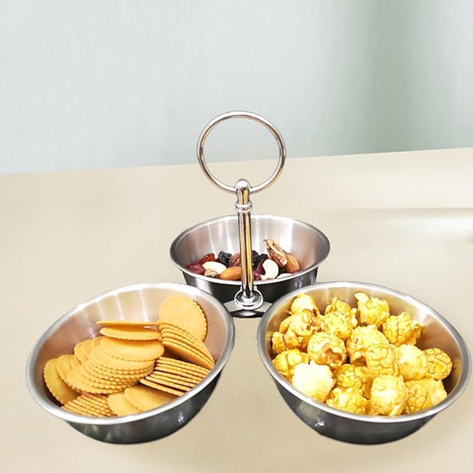Serving Bowls Set, Divided Serving Tray, Stainless Steel 3 Section Snack Stand with Bowls for Nuts Condiments Fruit Dessert, Silver