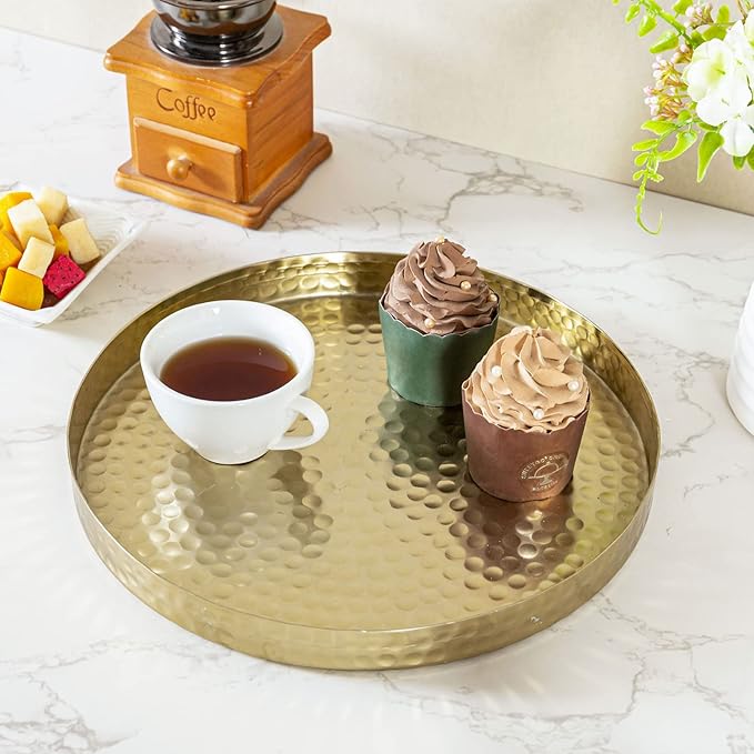 MyGift 11 Inch Deluxe Hammered Brass Round Decorative Tray - Aluminum Plated Serving Display Platter, Centerpieces and Vanity Tray - Handcrafted in India