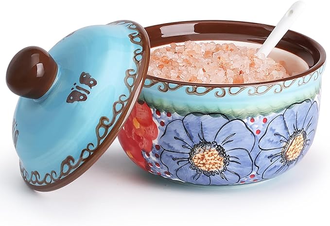 silesia Handmade Sugar Bowl with Lid and Spoon, 10 Ounce Ceramic Hand-Painted Sugar Jar for Kitchen in Gift Box, Kitchen Decor, Oven, Dishwasher & Microwave Safe, Glazed Blue