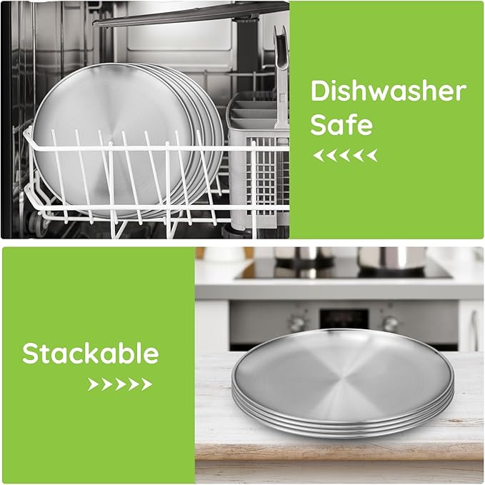 Metal Dinner Plate, 6 Pack 10.2 inch 304(18/8) Stainless Steel Plates, Reusable lunch salad Pizza BBQ Food Serving Snack Eating Dishes Round Shatterproof Plate Silver Dinnerware Oven Safe
