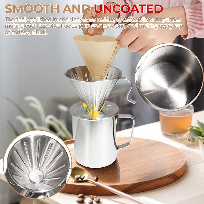 Uncoated Pour Over Coffee Maker 600ml Milk Frothing Pitcher 304 Thickened Stainless Steel Drip Coffeemaker Set with 50pcs V60 Cone Paper Filters Hand Brew Dripper Carafe for Home Camping Travel 20oz