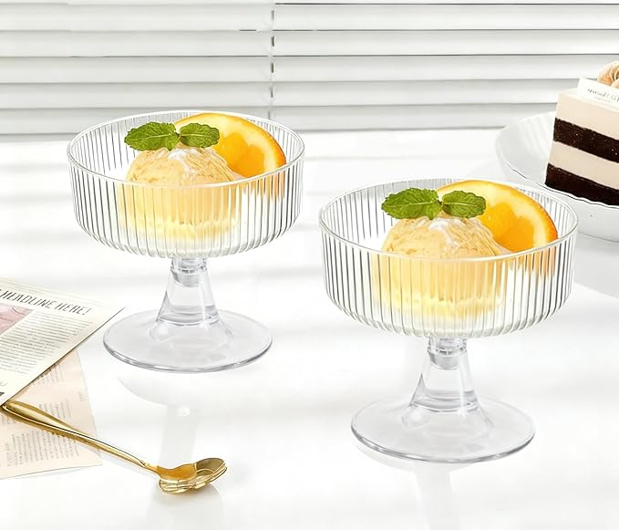 40 Pack 6.8 oz Clear Ribbed Dessert Cups with Spoons, Ice Cream Bowl with Retro Stripes, Mini Dessert Shooter for Pudding Fruit, Elegant Parfait/Sundae Bowls for Christmas Party & Home Use