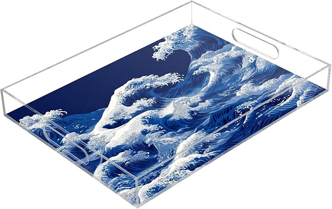 Serving Tray with Handles Clear Acrylic Tray 12x16 Inch Decorative Rectangular Tray Organizer for Ottoman Coffee Table Bathroom Japanese Deep Blue Sea Waves