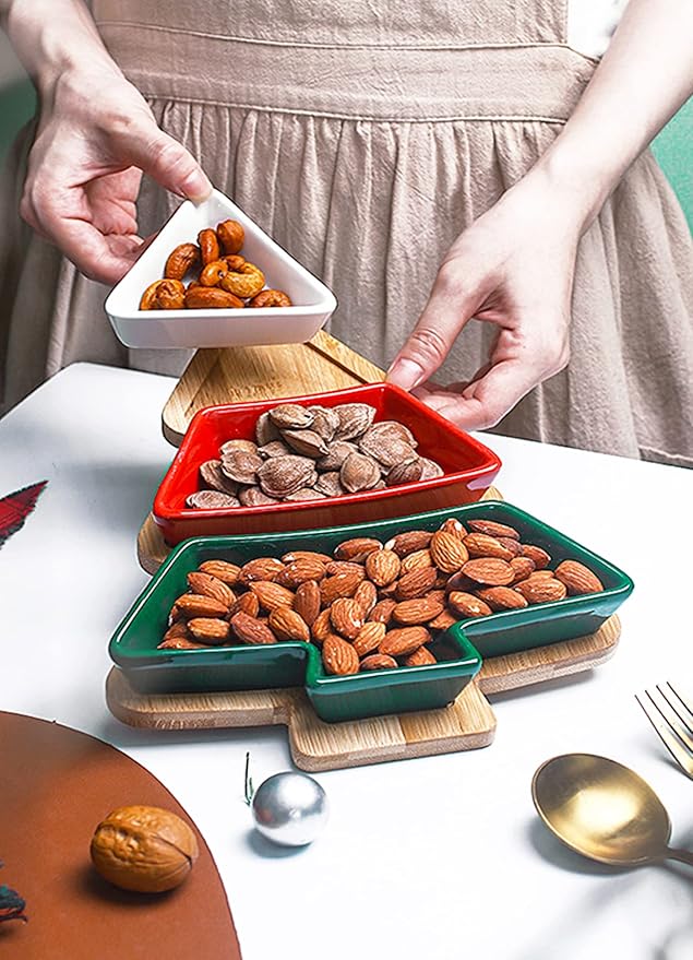 Colorful 10.8 Inches Snack Appetizer Trays Set, Christmas Tree Dessert Serving Dishes, Snack Platter, 3 pcs Removable Porcelain Plates with Bamboo Tree Tray