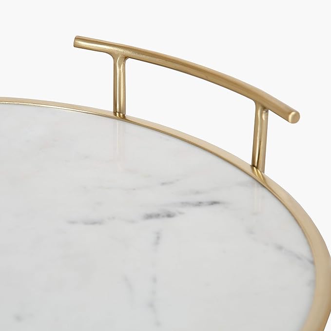 Kate and Laurel Marbury Modern Round Tray, 14 inch Diameter, White Marble and Gold, Contemporary Marble Tray for Storage and Display