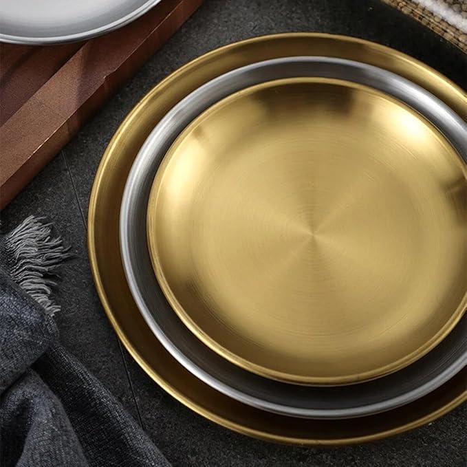 Stainless Steel Food Trays, Round Flat Dish Bread Pastry Baking Pan, Tea and Bar Serving Tray Party Cake Dessert Plate, Gold,L(26x20x2cm)