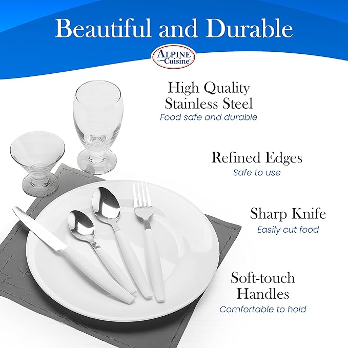 ALPINE CUISINE Flatware Set 16 Piece Service for 4, Stainless Steel Flatware Cutlery Set Includes Dinner Knives/Forks/Spoons - Great for Camping or College Dorms - Dishwasher Safe - White