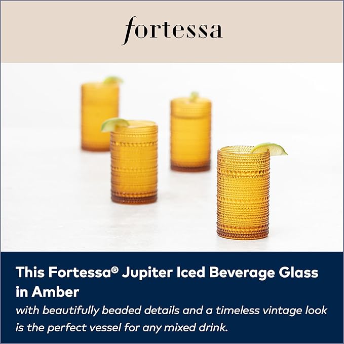 Fortessa Jupiter Beaded Hobnail Glass, 13 Ounce Iced Beverage (Set of 6), Amber