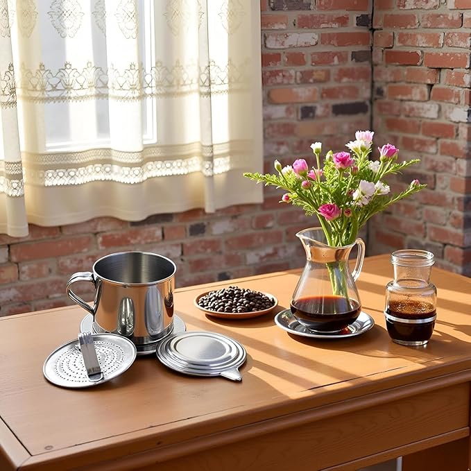Silver Vietnamese Coffee Filter Stainless Steel Pot Drip Infuse Cup Brewing Teapot No Need Paper Drip Coffee Pot Machine Filter for Home Kitchen Office Outdoor ﻿