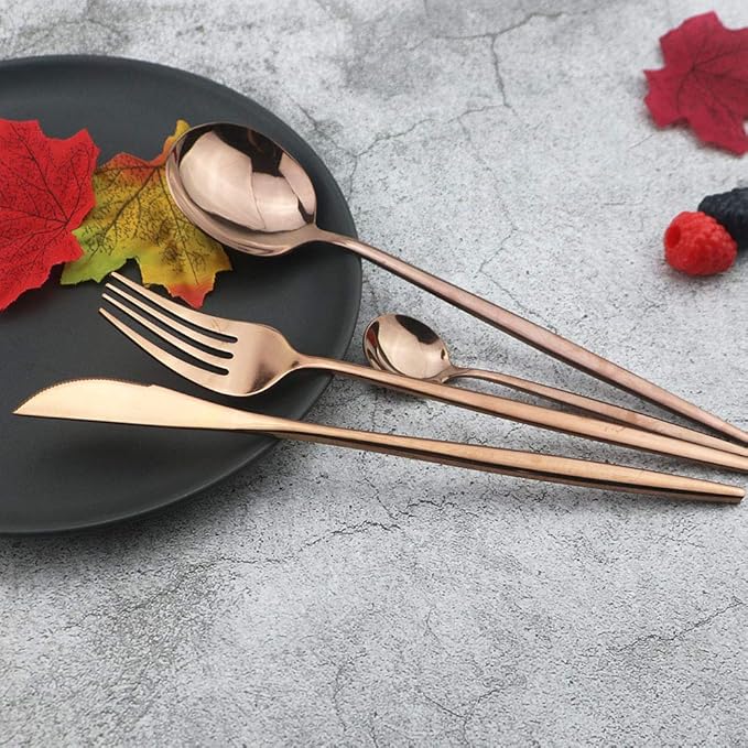 JASHII 32 Pieces Stainless Steel Rose Cutlery Set Home Kitchen Silverware Set, Mirror Polished, Knife/Fork/Spoon, Modern Elegant Silverware Set for Party, Christmas