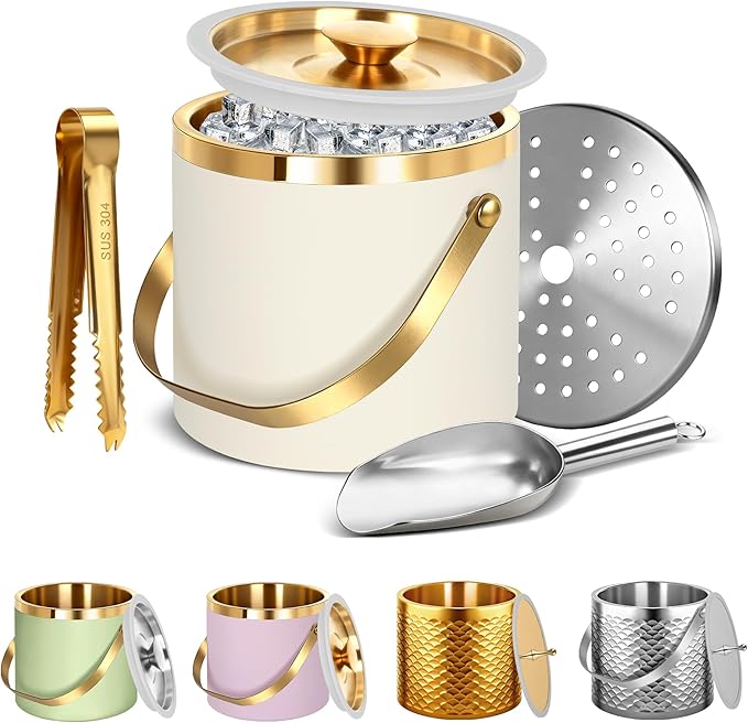 Ice Bucket, Ice Bucket with Silicone Sealing Ring Double-Wall Vacuum Insulation Champagne Buckets with Filter Layer Ice Tongs Ice Scoop (Beige, 3 L)