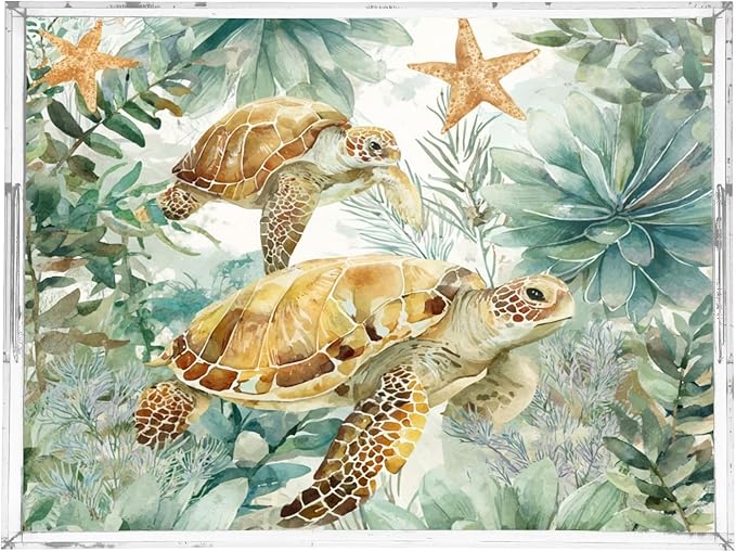 Serving Tray with Handles Clear Acrylic Tray 12x16 Inch Decorative Rectangular Tray Organizer for Ottoman Coffee Table Bathroom Sea Turtle Starfish Plants