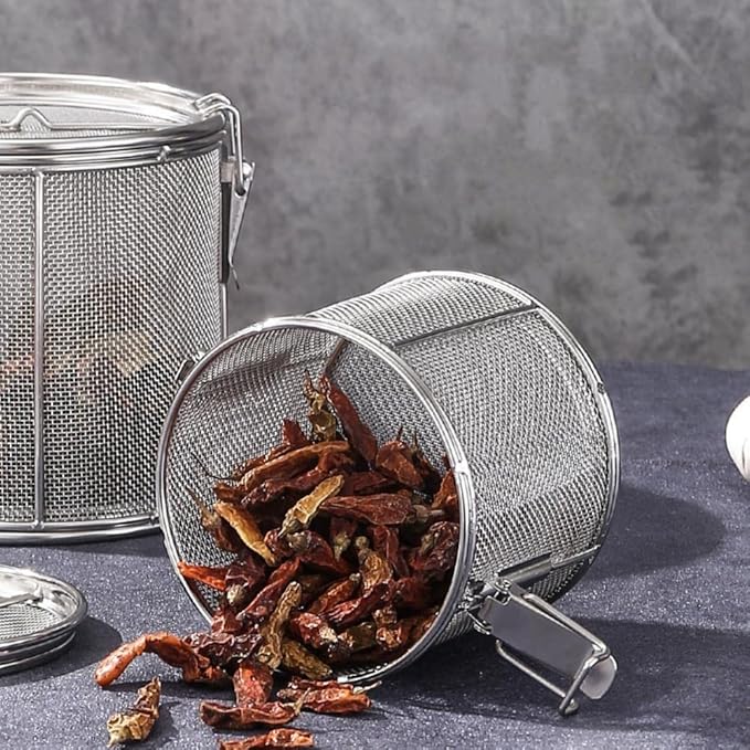 AUNMAS Tea Infuser, Stainless Steel Wire Mesh Design, Multifunctional Seasoning Strainer Basket Filter, with Chain & Hook, Silver 10x10cm