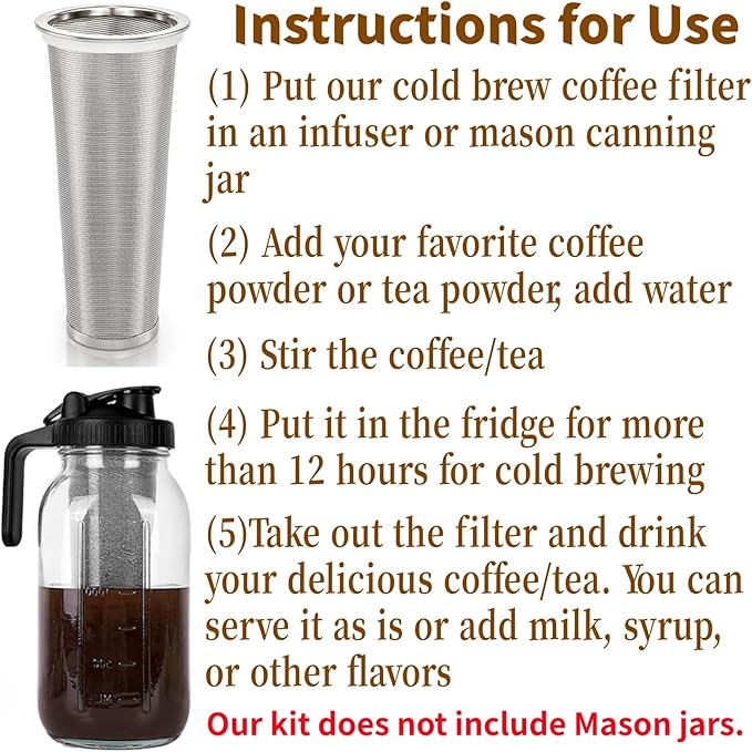 Goaste 3 Pack Cold Brew Coffee Filter for 32oz / 1Quart Wide Mouth Mason Jar, 304 Stainless Steel Strainer with Seal Ring, Coffee Tea Infuser Ultra Fine Mesh for Iced Coffee, Lemonade, Fruit Drinks