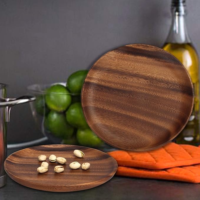 Ayiaren 2 Psc Decorative Acacia Wood Salad Plates Round Charcuterie Boards Snack Appetizer Dessert Plate Wooden Cheese Serving Board Kitchen Dishe Platter for Foood Party Small Charger Dinner Plates