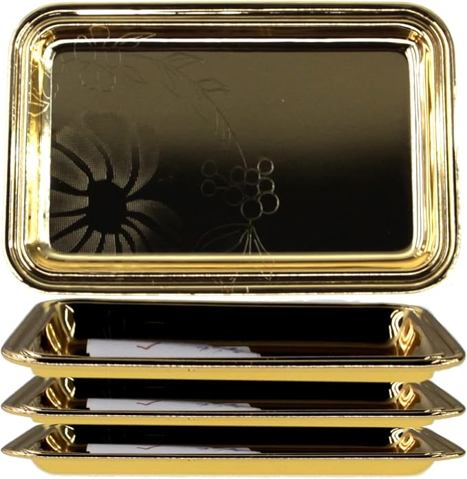 (Pack of 4) 7 inch x 4.7 inch Rectangular Iron Gold Plated Mirror Serving Tray Floral Engraved Decorative Party Birthday Wedding Buffet Wine Decor Platter Plate Base Dish CC-1155
