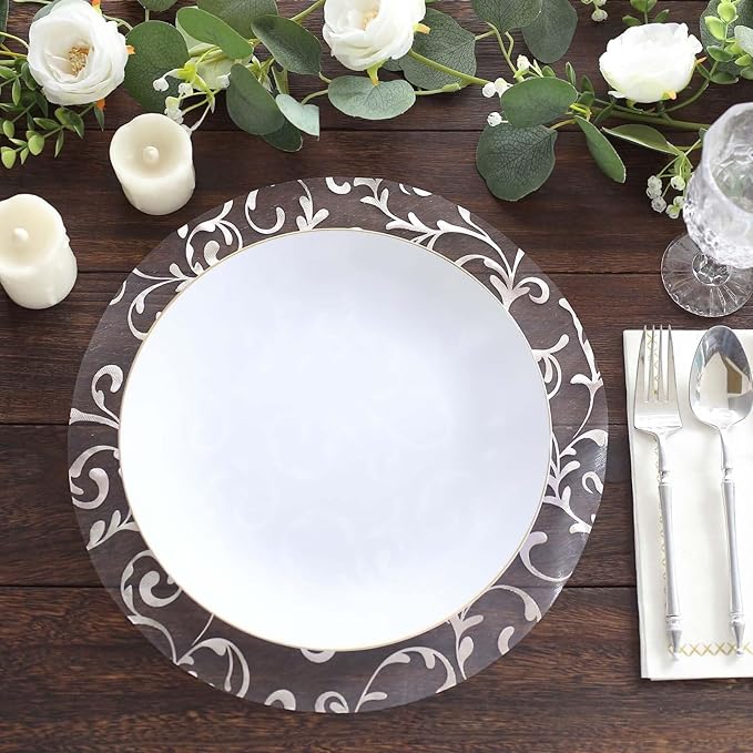 20 Pack 13" Silver Sheer Organza Placemats - Round Embossed Foil Flower Design Disposable and Elegant