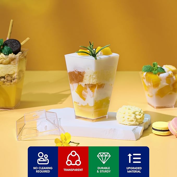 JOLLY CHEF 100 Pack 3 oz Mini Dessert Cups with Spoons and Lids, Square Tall Clear Plastic Parfait Appetizer Cup Small Serving Bowl for Party Desserts