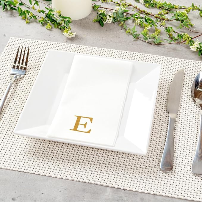 Luxenap 15.8 X 7.9 Inch Linen-Feel Guest Towels, 2000 Lettered Hand Towels - Gold Letter 'E', Sans Serif Font, White Paper Dinner Napkins, airlaid, For Restrooms And Tables - Restaurantware