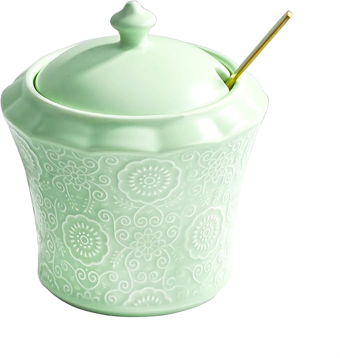 13.5oz Sugar Bowl with Lid and Spoon Green Ceramic Sugar Creamer Container, Sugar Jar, Durable Sugar Pot for Coffee Bar Accessories, Coffee Bar Decor
