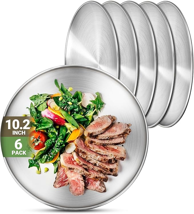 Metal Dinner Plate, 6 Pack 10.2 inch 304(18/8) Stainless Steel Plates, Reusable lunch salad Pizza BBQ Food Serving Snack Eating Dishes Round Shatterproof Plate Silver Dinnerware Oven Safe