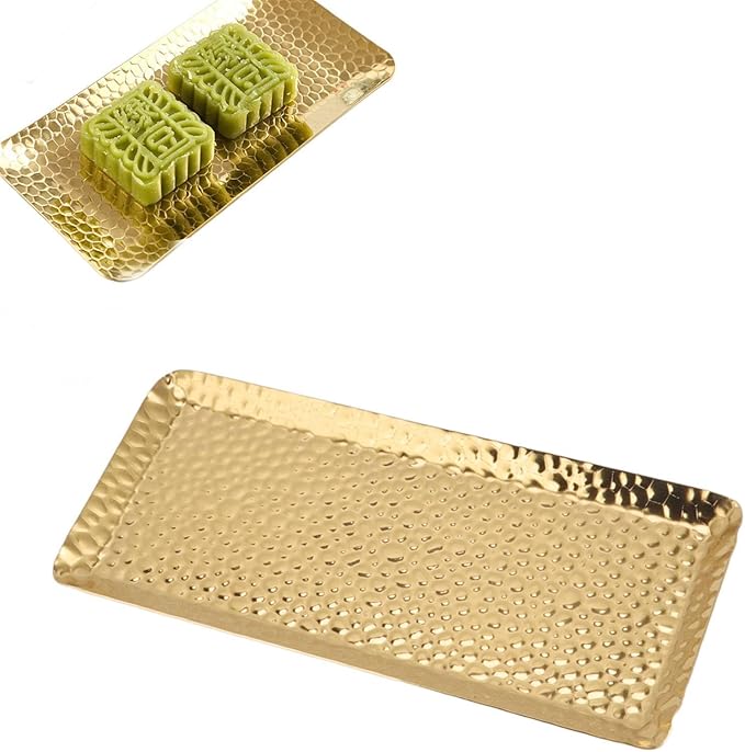 Stainless Steel Rectangle Tray, Gold Hammered Decorative Luxe Serving Platter and Platters for Appetizers, Desserts & Home to Hotel Decor ﻿