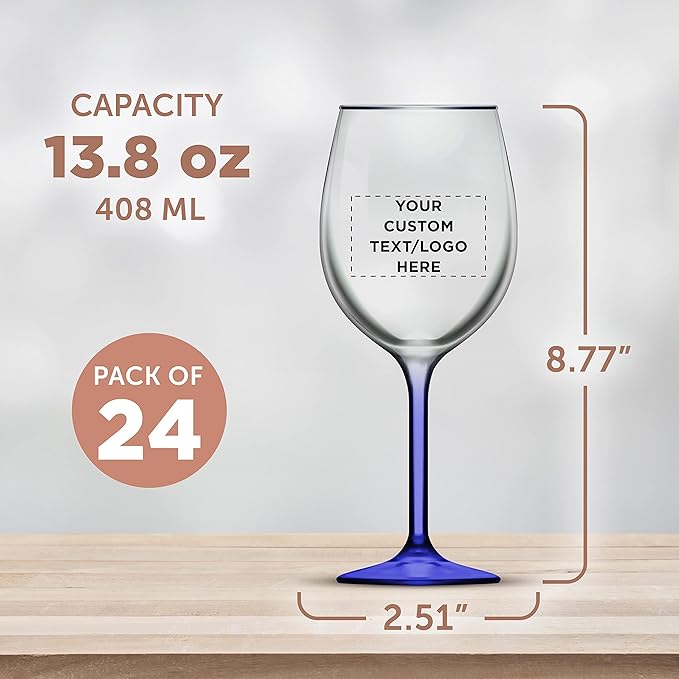 Custom Wine Glasses 14 oz. Set of 24, Personalized Bulk Pack - Restaurant Glassware, Perfect for Red Wine, White Wine, Cocktails and More - Blue