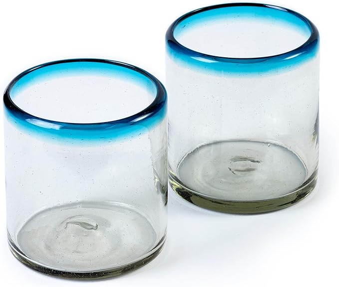 Handmade con Amor - 7 oz Hand Blown Mexican Drinking Glasses - Set of 2, 7 fl oz each, Aqua Rim