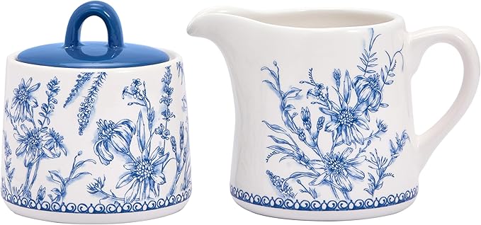 Bico Blue Garden Toile De Jouy Ceramic Sugar and Creamer Set, Sugar Bowl with Lid, Cute Container for Coffee Bar, Kitchen Countertop Accessories, Microwave and Dishwasher Safe