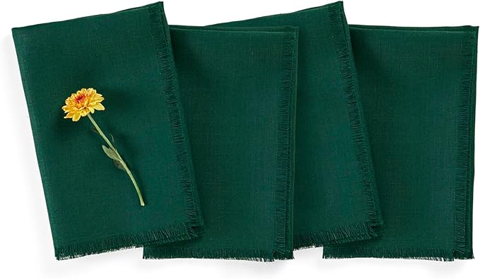 Solino Home Evergreen Linen Napkins Set of 4-100% Pure Linen Fringe Dinner Napkins 20 x 20 Inch for Christmas, Winter, New Year - Handcrafted and Machine Washable