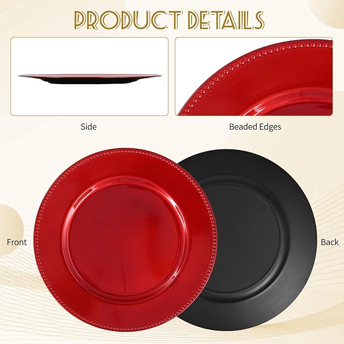 50 Pcs Red Charger Plates Round Charger Plates13 Inch Bulk Wedding Dinner Elegant Reusable Plastic Chargers Plates Wedding Holiday Party Baby Shower Event Christmas Decoration (Red)