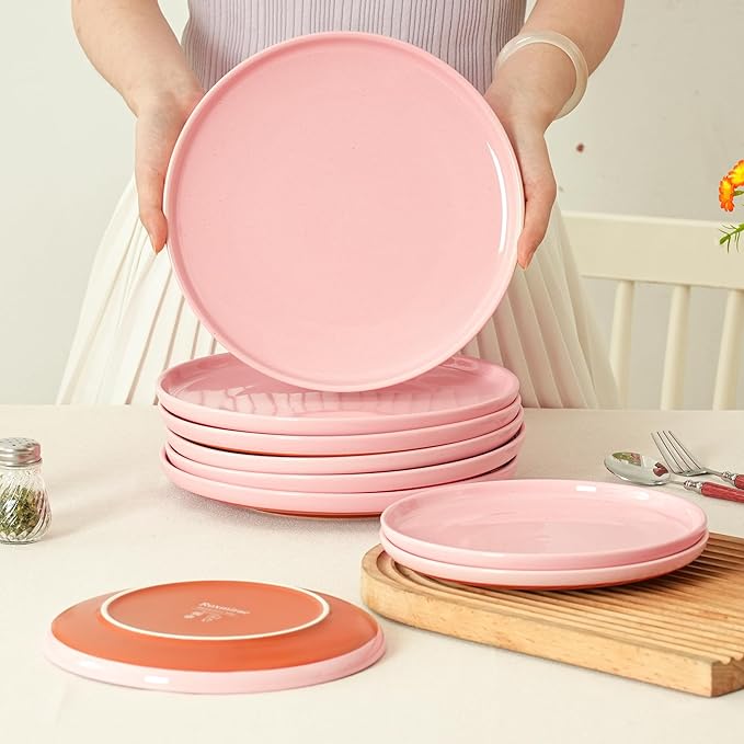 8-Inch Plates Set of 4, Dual Glaze Stoneware Plate, Microwave and Dishwasher Safe, Ceramic Plates for Salads & Desserts, Pink