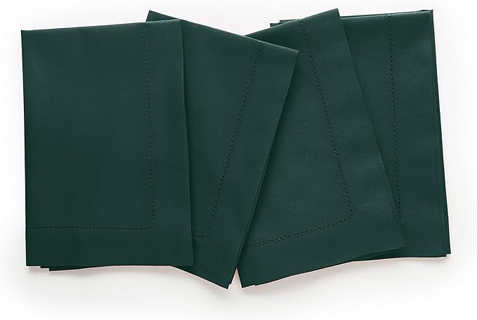 Solino Home Cloth Napkins Set of 4 - Cotton Linen Hemstitch Dark Green Dinner Napkins 20 x 20 Inch for Winter, St Patricks Day - Handcrafted and Machine Washable