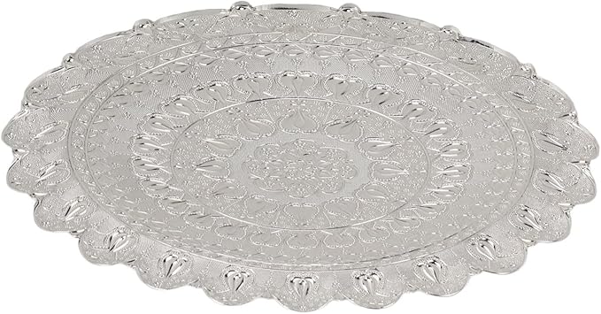 Turkish Tea Coffee Serving Tray Vintage Style Embossed Pattern Round Coffee Plate Makeup Jewelry Dessert Elegant Retro Bar Outdoor Metal (Silver)