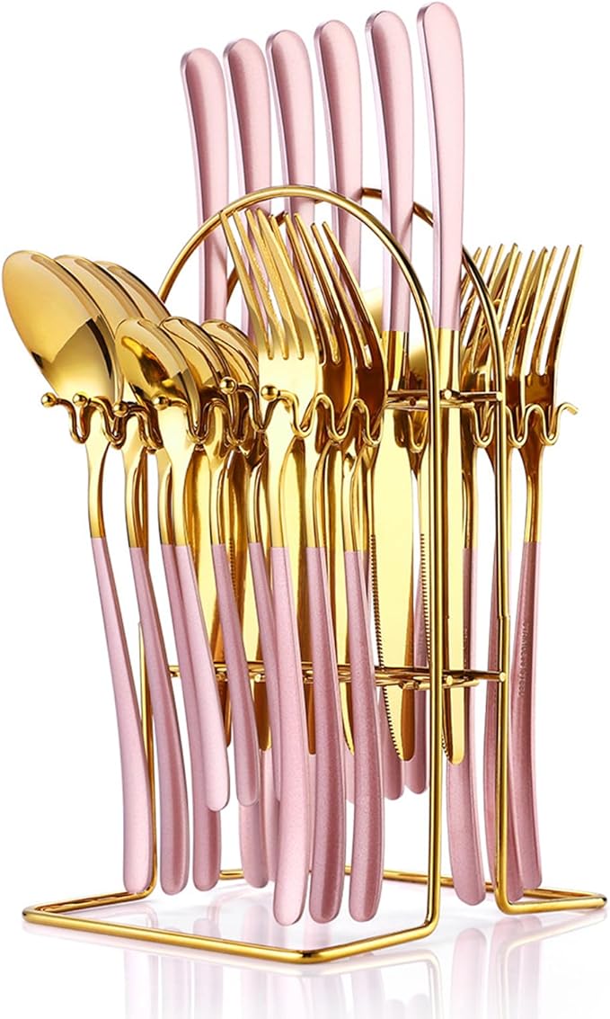24 Pieces Silverware Set, Stainless Steel Flatware Set with Silverware Holder Spoons Forks Knives Set,Utensils Set Service for 6,Cutlery Set for Kitchen (Pink)
