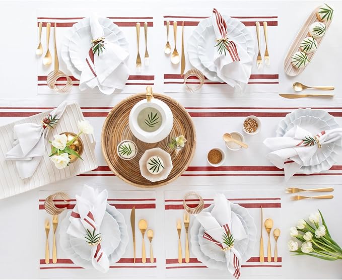 Solino Home Linen Placemats Set of 4 - French Stripe Red and White Placemats 14 x 19 Inch - 100% Pure Linen Table Mats for Christmas, Holiday, Winter, New Year
