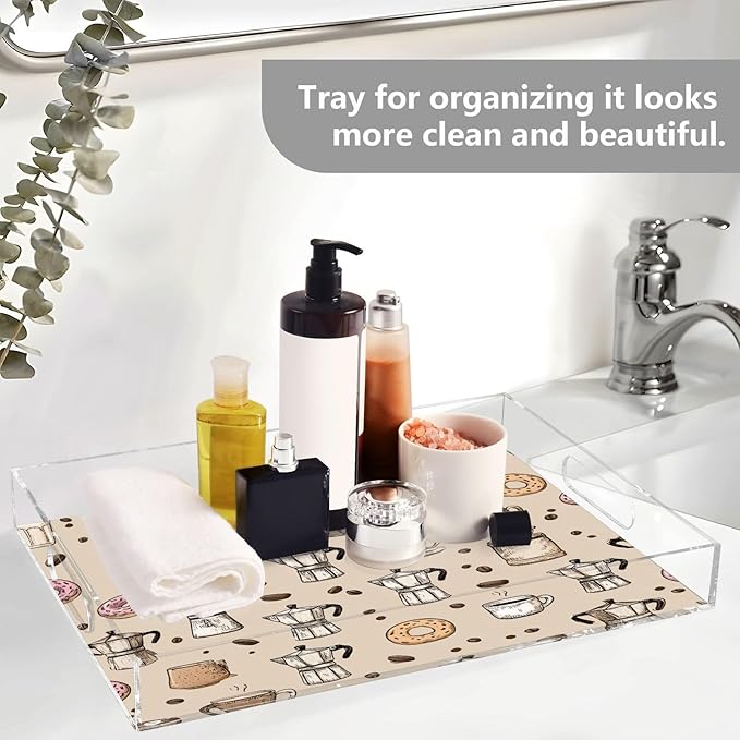 Serving Tray with Handles Clear Acrylic Tray 12x16 Inch Decorative Rectangular Tray Organizer for Ottoman Coffee Table Bathroom Beige Donut Coffee Cups and Moka Pots