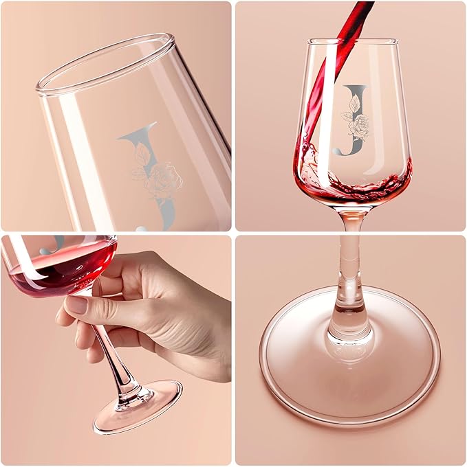 Personalized Wine Glass Gifts for Women - Monogrammed A-Z Wine Glasses Gift | Custom Christmas Gift, Valentines Day, Birthday Gifts for Women Her Mom Wife Best Friend Sister (J)