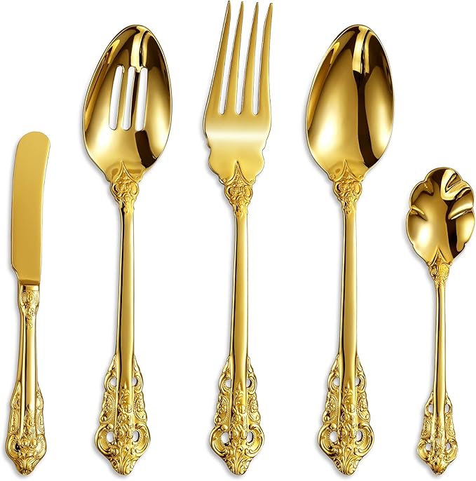 KEAWELL Gorgeous 5-Piece 18/10 Stainless Steel Hostess Serving Utensil Set, Dishwasher Safe (Gold)