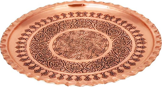 Handmade Copper Tea Tray for Turkish Tea, Round Ottoman Tray, Serving Platters for Coffee Table, Decorative Antique Metal Tray, Hammered Copper Round Tray, Vintage Drink Tray, 13.4 in