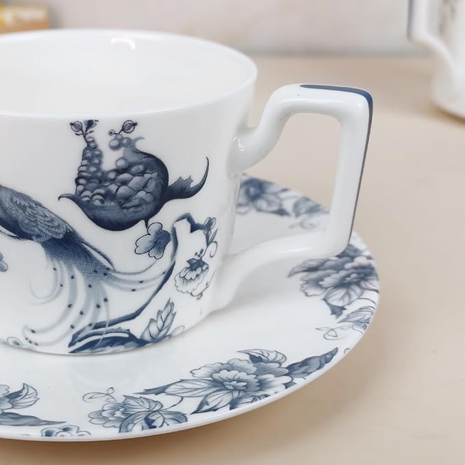 ceramic plate set for 2, 8 piece bone china dinnerware set, blue and white floral bird porcelain dishes sets for wedding, housewarming, hotel