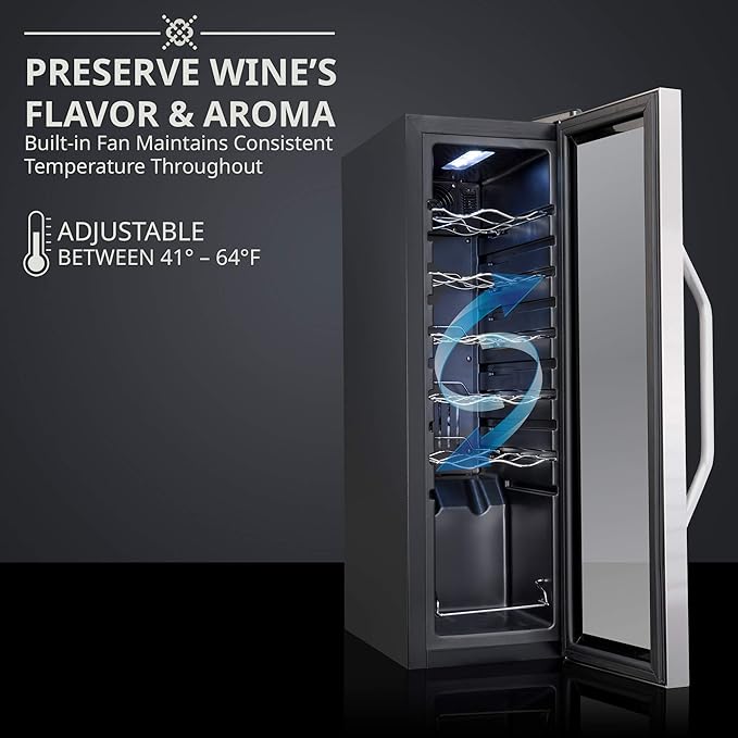 Ivation 12 Bottle Compressor Wine Cooler Refrigerator w/Lock | Large Freestanding Wine Cellar Fridge For Red, White, Champagne or Sparkling Wine | 41f-64f Digital Temperature Control Stainless Steel