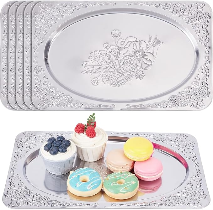 ORIGACH 6 Pack 13.78x8.46 Inch Large Sliver Serving Trays Set, Engraved Floral Mirror Tray, Stainless Steel Tableware Platters for Cookies, Fruit, Desserts, Wedding & Birthday Display