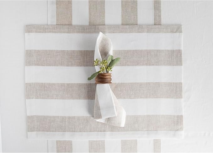 Solino Home Linen Placemats Set of 4 - Cabana Stripe Natural and White Placemats 14 x 19 Inch - 100% Pure Linen Place Mats for Christmas, Holiday, New Year