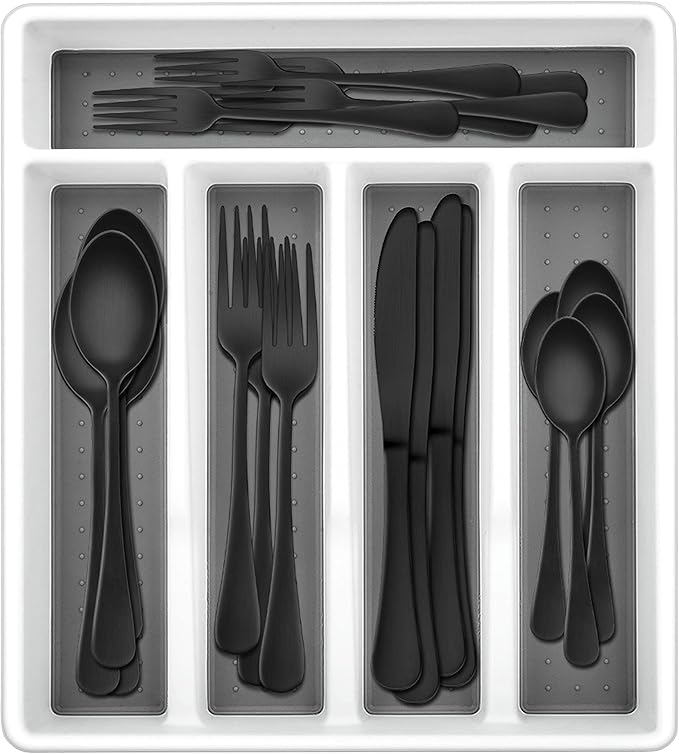 Herogo 20-Piece Matte Black Silverware Set with Drawer Organizer, Stainless Steel Flatware Cutlery Set for 4, Modern Tableware Eating Utensils with Tray, Dishwasher Safe, Satin Finish