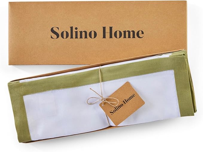 Solino Home Linen Placemats Set of 4 - Avocado and White Placemats 14 x 19 Inch - 100% Pure Linen Table Place Mats for Winter - Classic, Handcrafted and Machine Washable