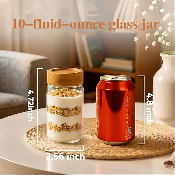 2-Piece 10 fl oz Food-Grade Glass Mason Jars with Sturdy Acacia Wood Lids, Sealable Waterproof, Transparent Easily Stackable for Spices, Seasonings & Snack Organizin