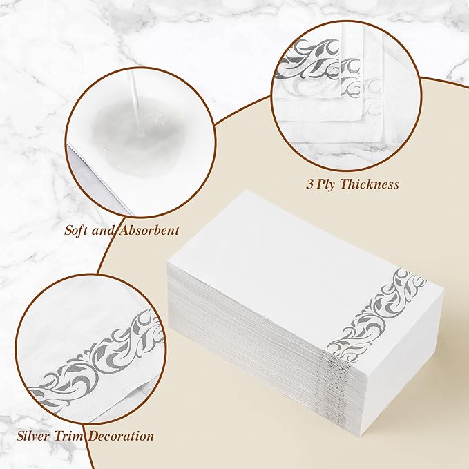 BESTVIP 200 Pack Disposable Paper Napkins, 3-Ply Dinner Napkins with Silver Trim for Guests, Bathroom Paper Hand Towels Soft & Absorbent, Perfect for Christmas, Kitchen, Dinner, Party, Wedding, Event