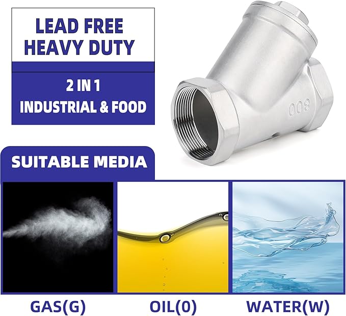 Industrial Plumbing Y Strainers NPT Female 1-1/2", Heavy Duty 304 Stainless Steel Y-Strainer, Y-Shaped Filter Valve Connector with 80 Mesh Screen to Remove Excess Impurities for Water Oil Gas DN40