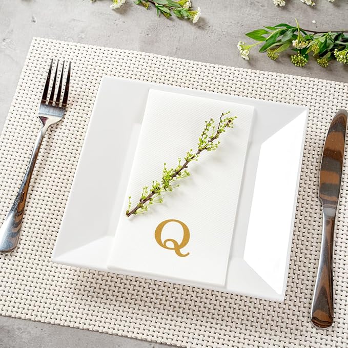 Luxenap 15.8 X 7.9 Inch Linen-Feel Guest Towels, 50 Lettered Hand Towels - Gold Letter 'Q', Sans Serif Font, White Paper Dinner Napkins, airlaid, For Restrooms And Tables